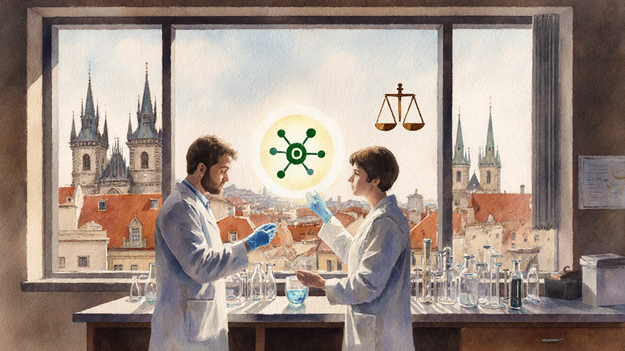 Laboratoř s vědci, svítícím CBD molekulou a panoramatickým výhledem na Prahu.