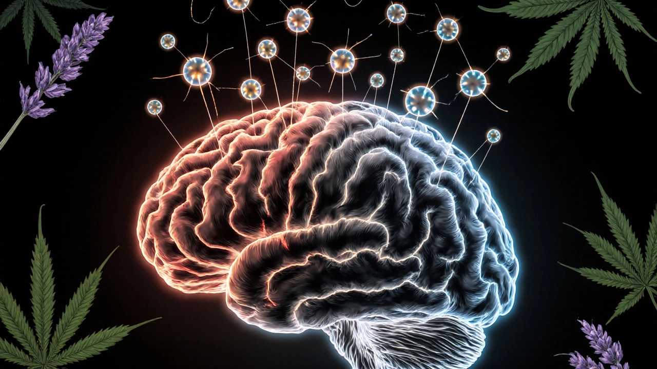 Ilustrace mozku s CBD molekulami, které obnovují neurologickou rovnováhu.