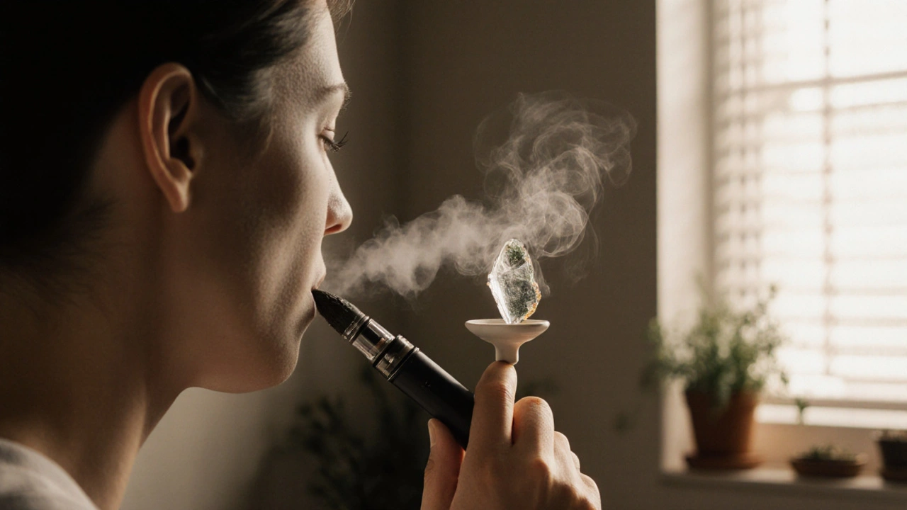 Osoba používá vape pen k inhalačnímu užívání CBD shatteru v klidném prostředí.