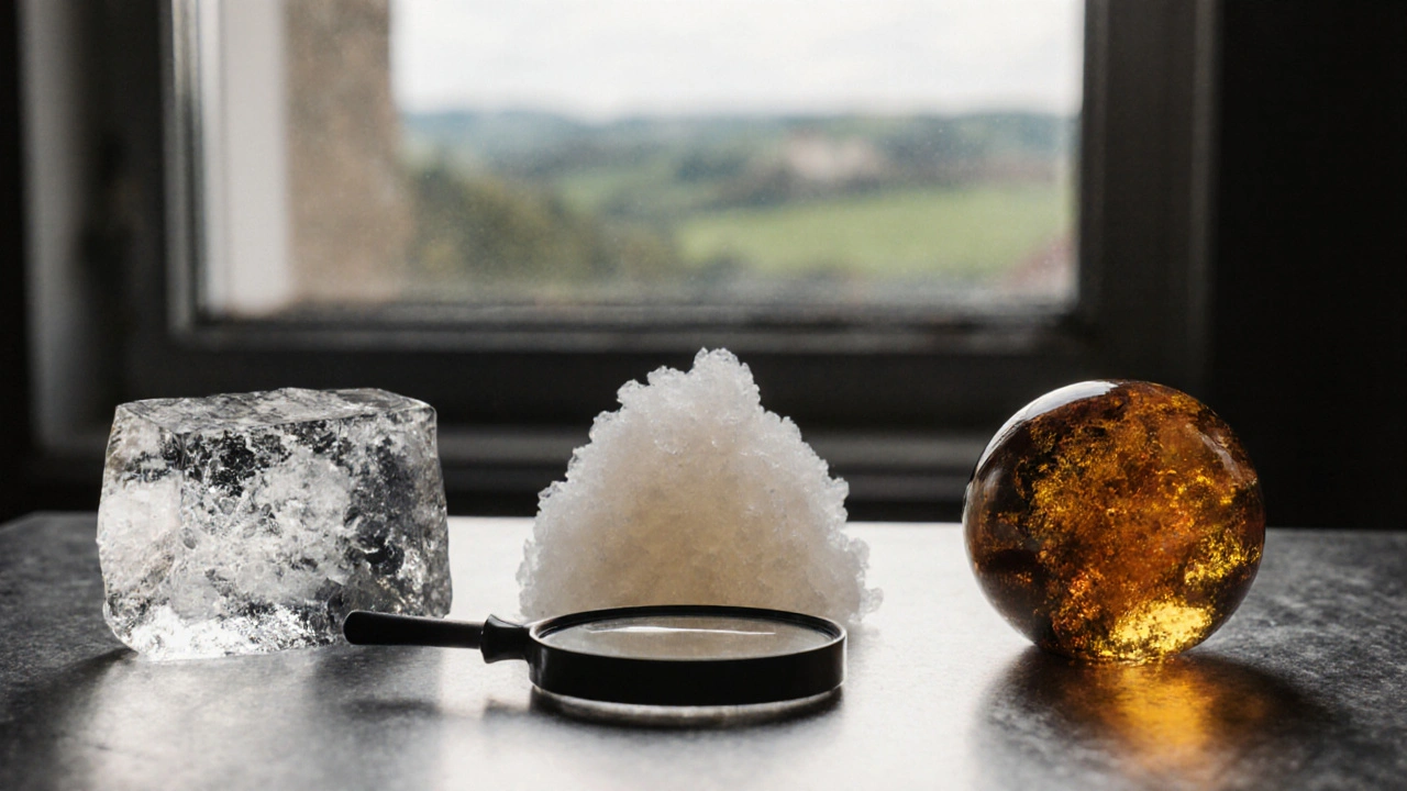 Srovnání tří forem CBD koncentrátů: shatter, wax a live resin na kovovém povrchu.