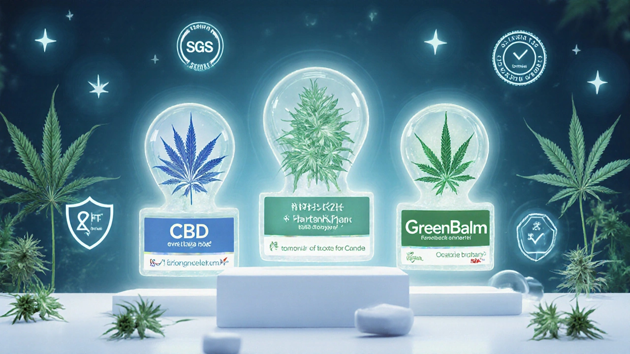 Tři české značky CBD kosmetiky s označením koncentrace CBD a certifikáty EU a laboratoří.
