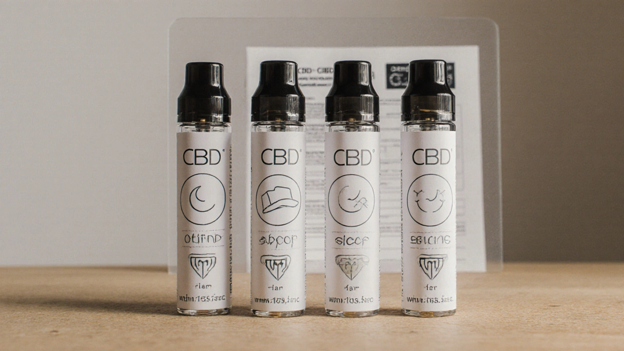 Tři kvalitní CBD vape náplně na dřevěném povrchu s laboratorním certifikátem.