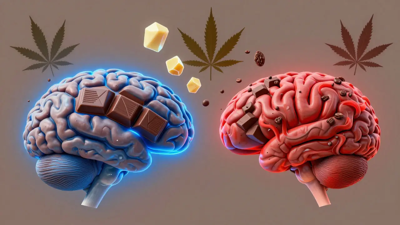 Abstraktní znázornění rozdílného vstřebávání cannabinoidů v těle při různém zpracování čokolády.