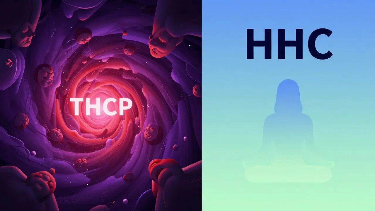 Konceptuální obrázek: chaos THCP vlevo vs. klid HHC vpravo, symbolizující jejich rozdílné účinky.