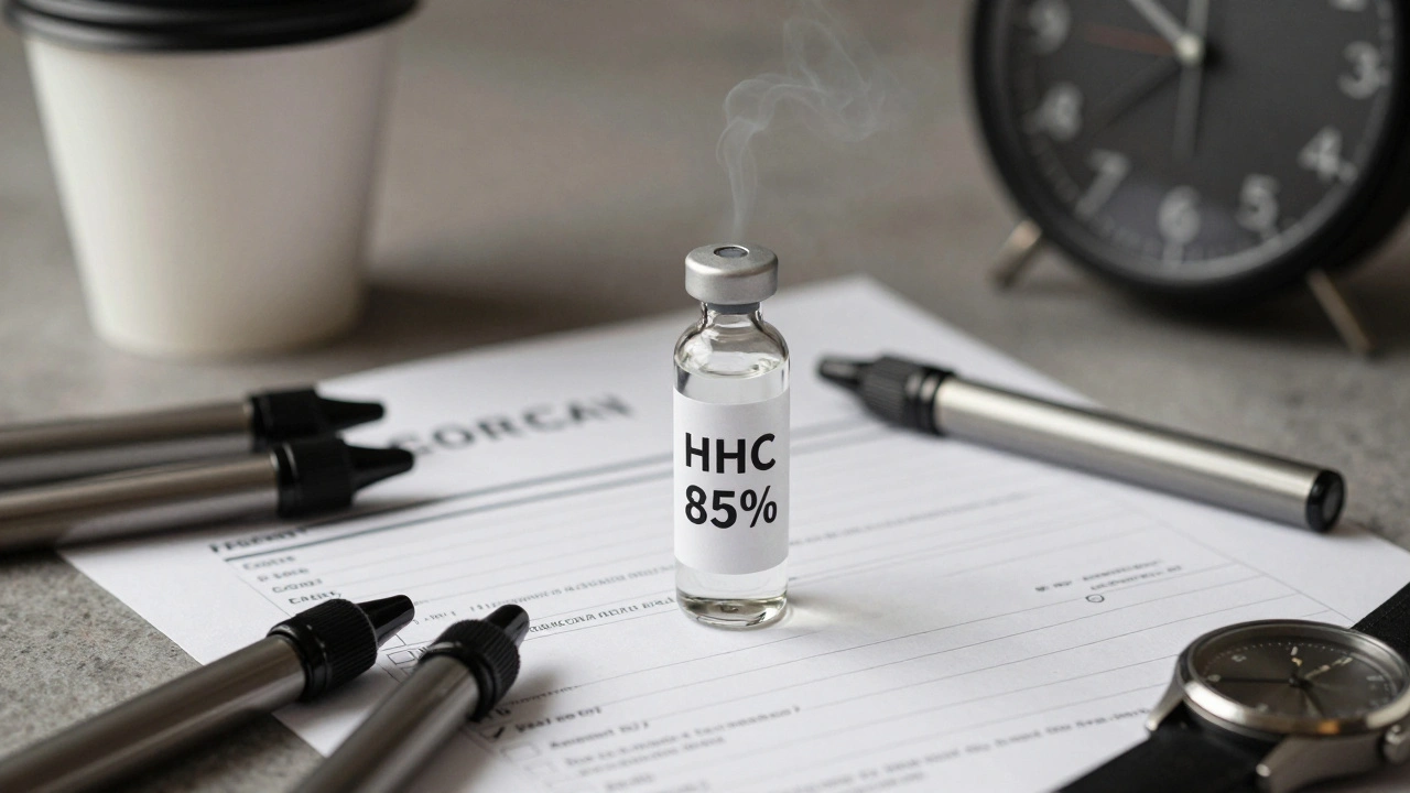 Kvalitní HHC vape výrobek s laboratorním certifikátem a hodinami ukazujícími dobu účinku.