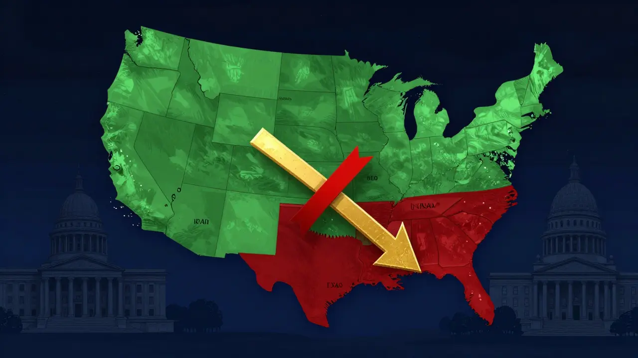Mapa USA s označenými státy, kde je hash legální a ilegální, s přepravní šipkou a zakázaným průchodem.