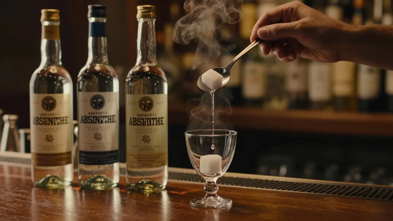 Moderní barová pult s třemi lahvemi absintu a rituálem přípravy s vodou a cukrem.