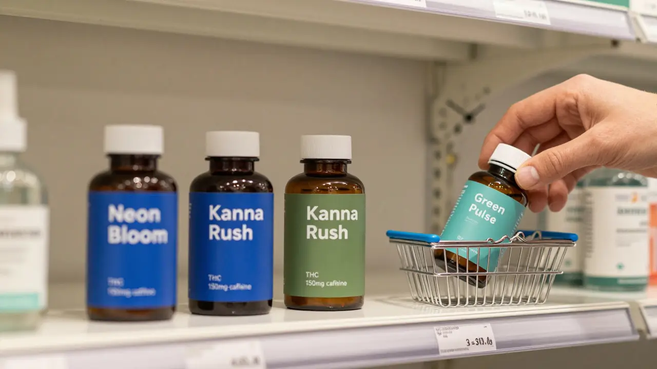 Na polici lékárny stojí tři energetické nápoje s konopím: Neon Bloom, Kanna Rush a Green Pulse, ruka je připravena vybrat jeden.