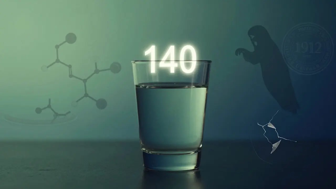 Průhledný skleněný pohár s číslem 140 a symbolickými obrazci mytu a vědy.