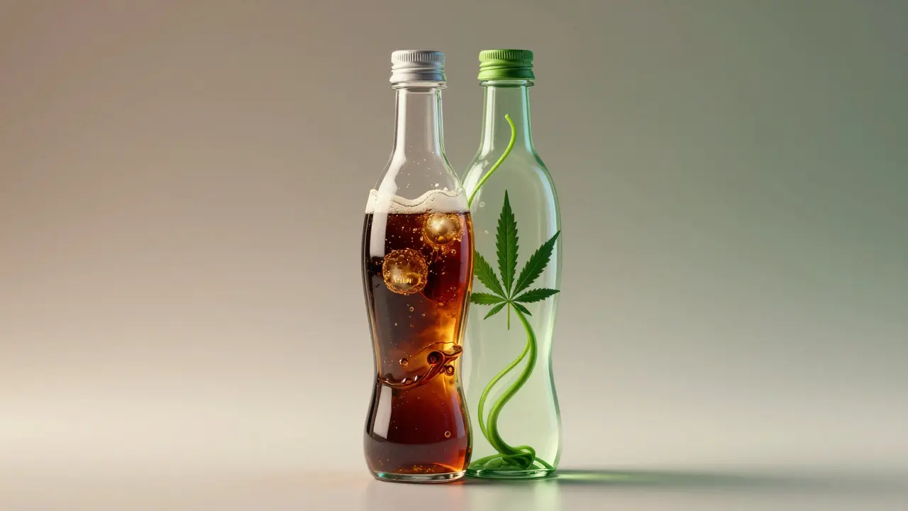 Rozdělená láhev: jedna strana klasická cola, druhá cola s CBD