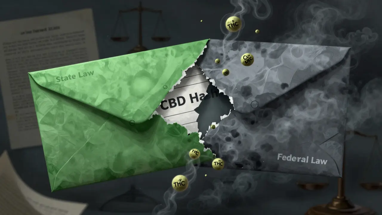 Zavřená obálka s hashem roztržená mezi státním a federálním zákonem, s molekulami THC jako kouřem.