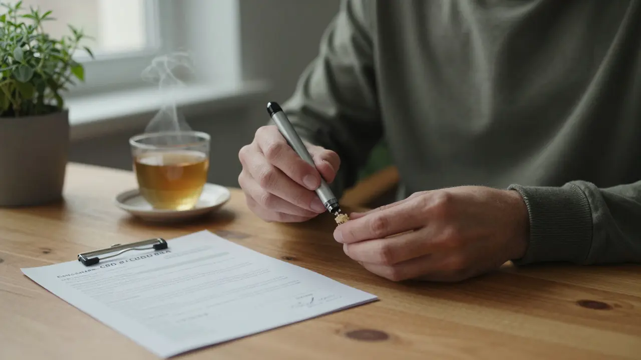 Osoba přidává CBD crumble do pářičky s certifikátem analýzy na pozadí.
