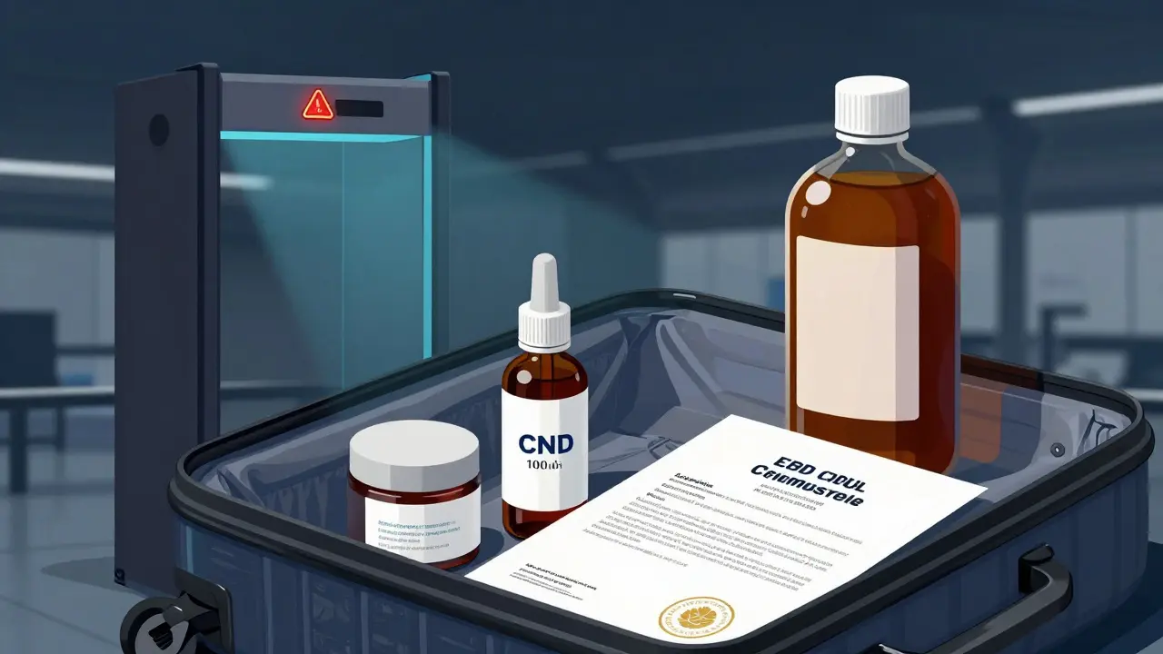 Otevřený kufřík s legálními a nelegálními CBD produkty na letištní kontrole.
