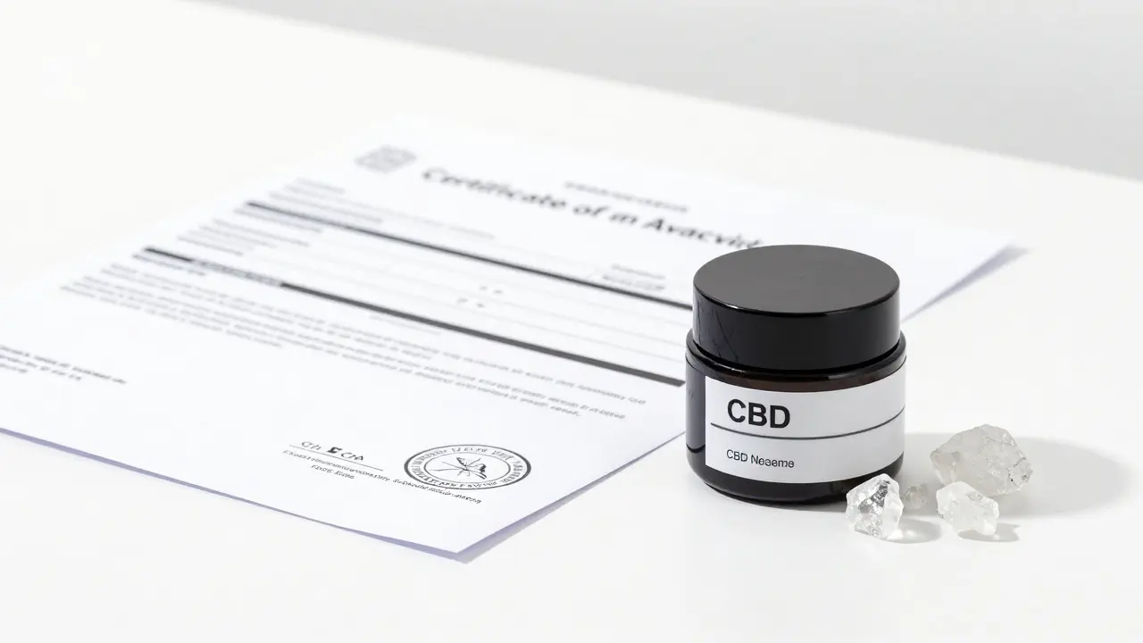 Balení CBD krému vedle laboratorního certifikátu analýzy a krystalů izolátu.