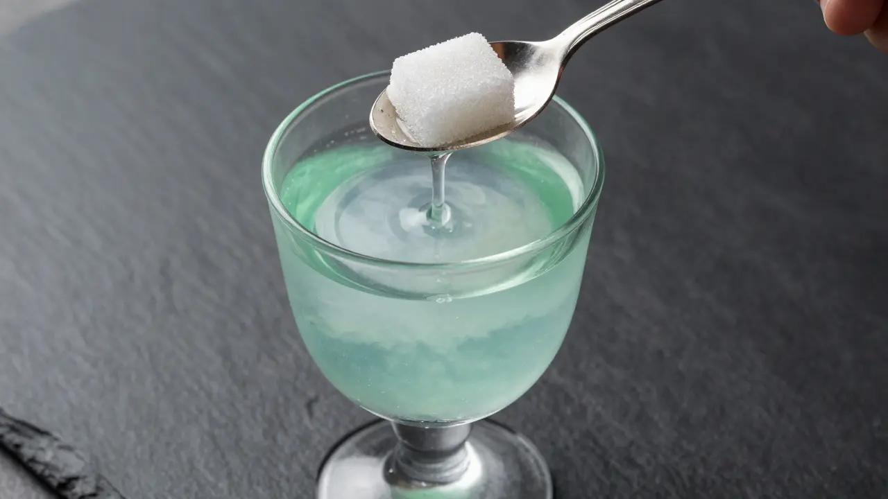 Detailní pohled na francouzský rituál přípravy absintu s cukrem a kapající vodou.