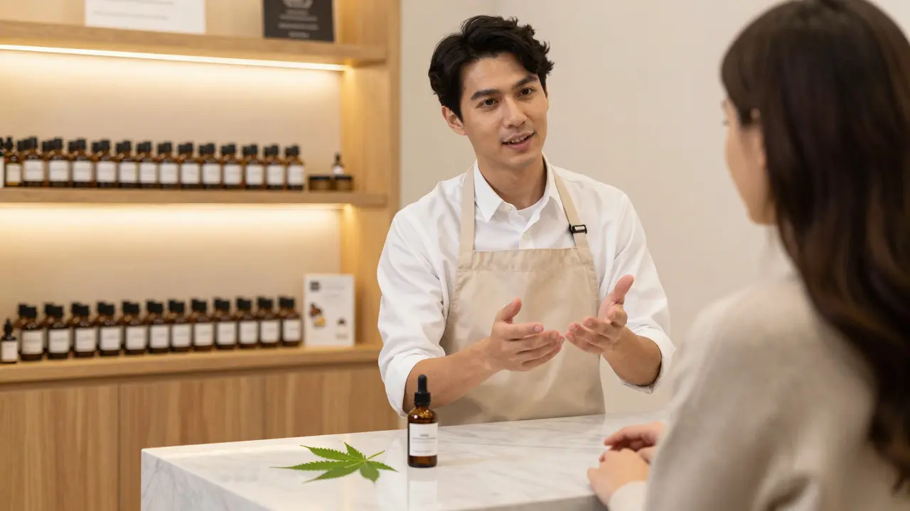 Interiér specializované prodejny CBD s odbornýmz konzultantem a kvalitním produktem.