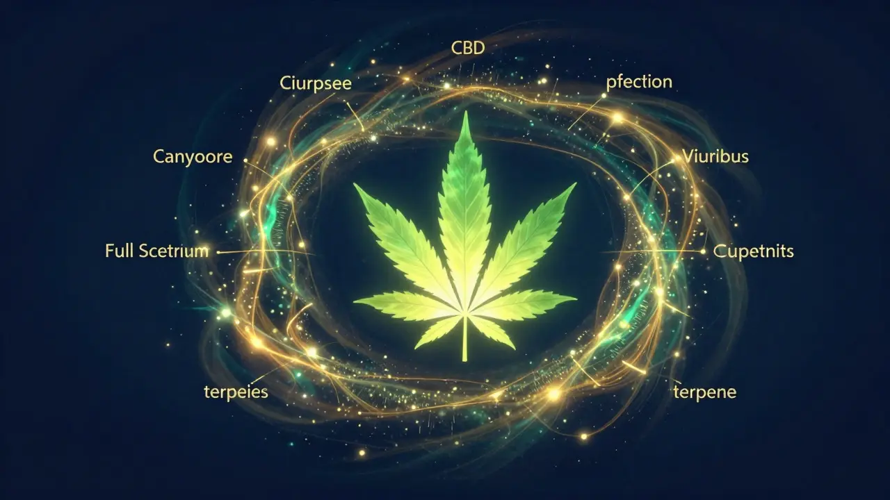Konceptuální ilustrace synergie kanabinoidů a terpenů u plného spektra CBD.