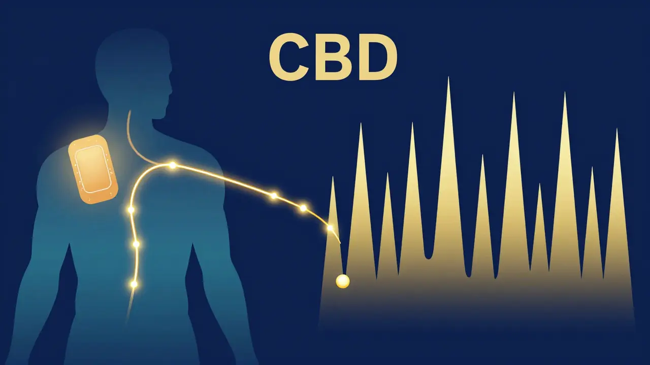 Konceptuální srovnání stabilního uvolňování CBD z náplasti versus výkyvy u kapek