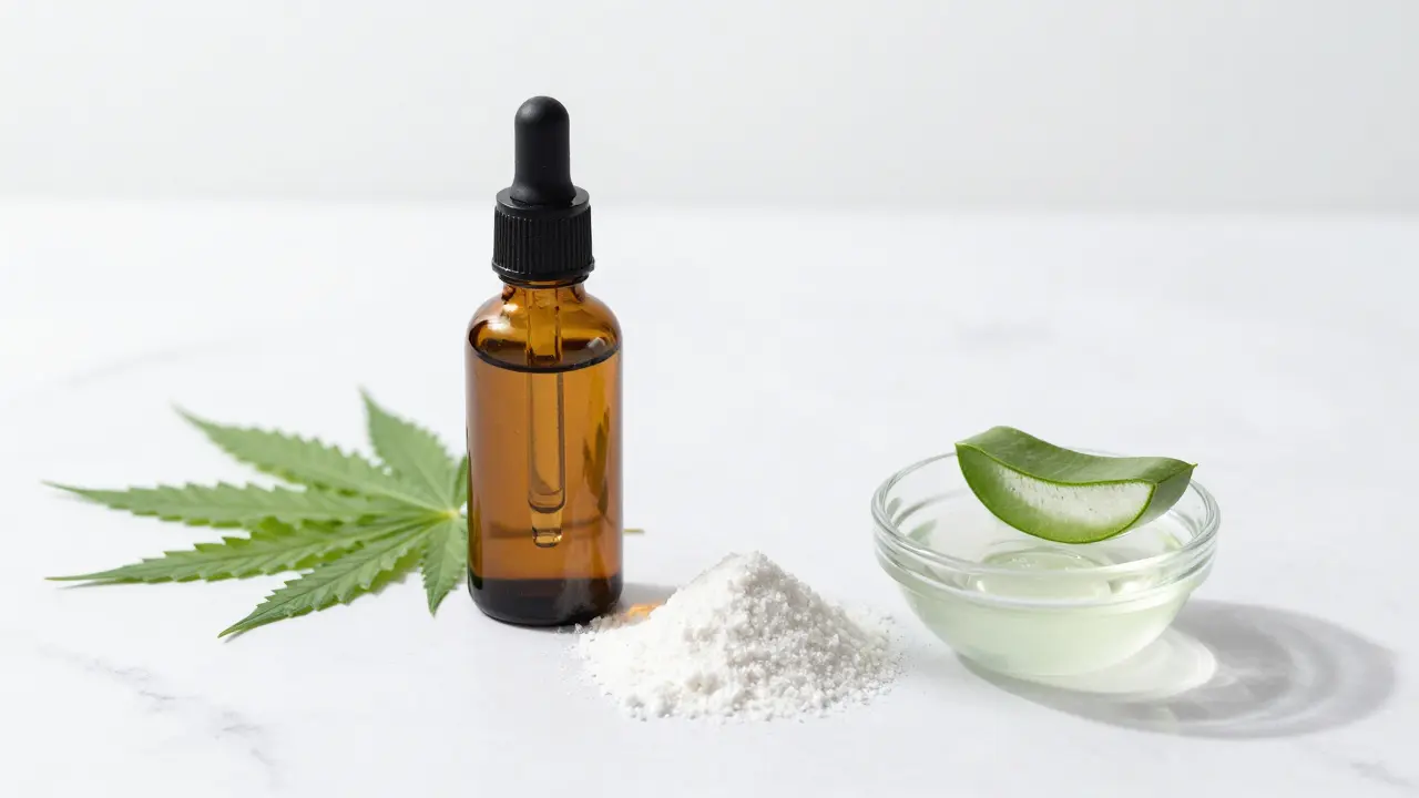 Kvalitní CBG kosmetika s izolátem a aloe vera na mramorovém podkladu.