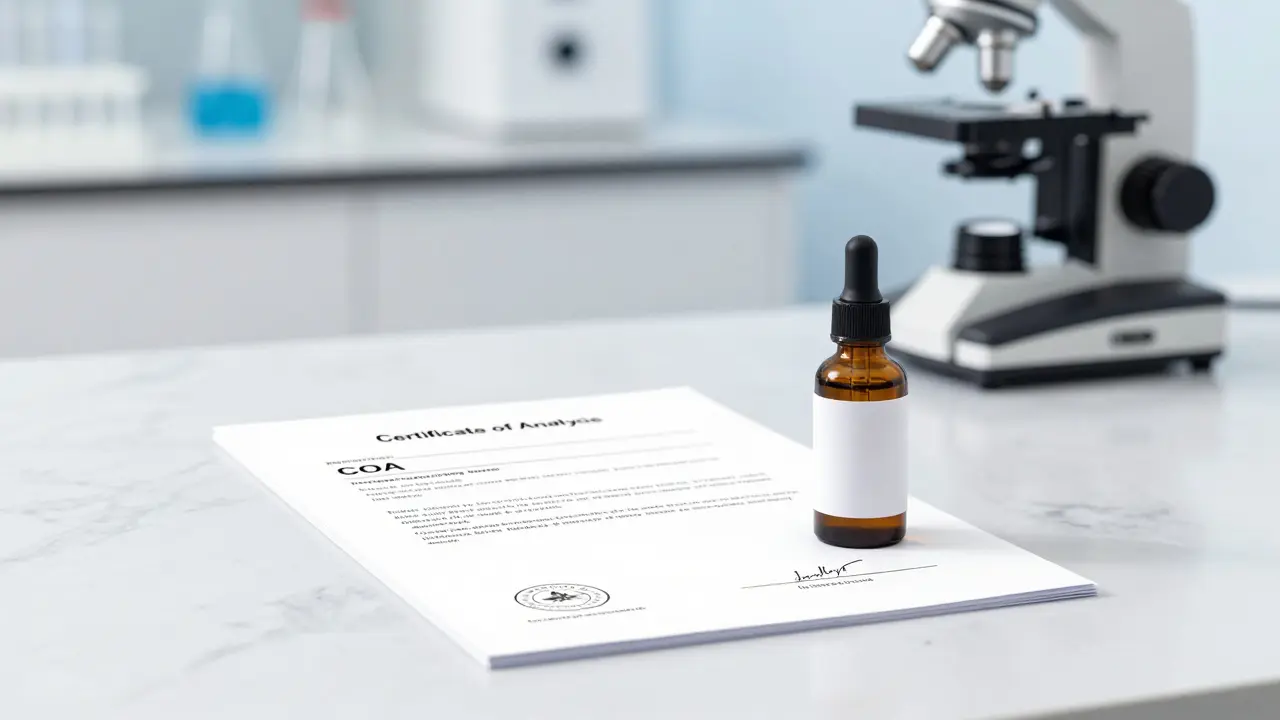 Laboratorní certifikát COA a lahvička s olejem na bílém mramorovém stole.