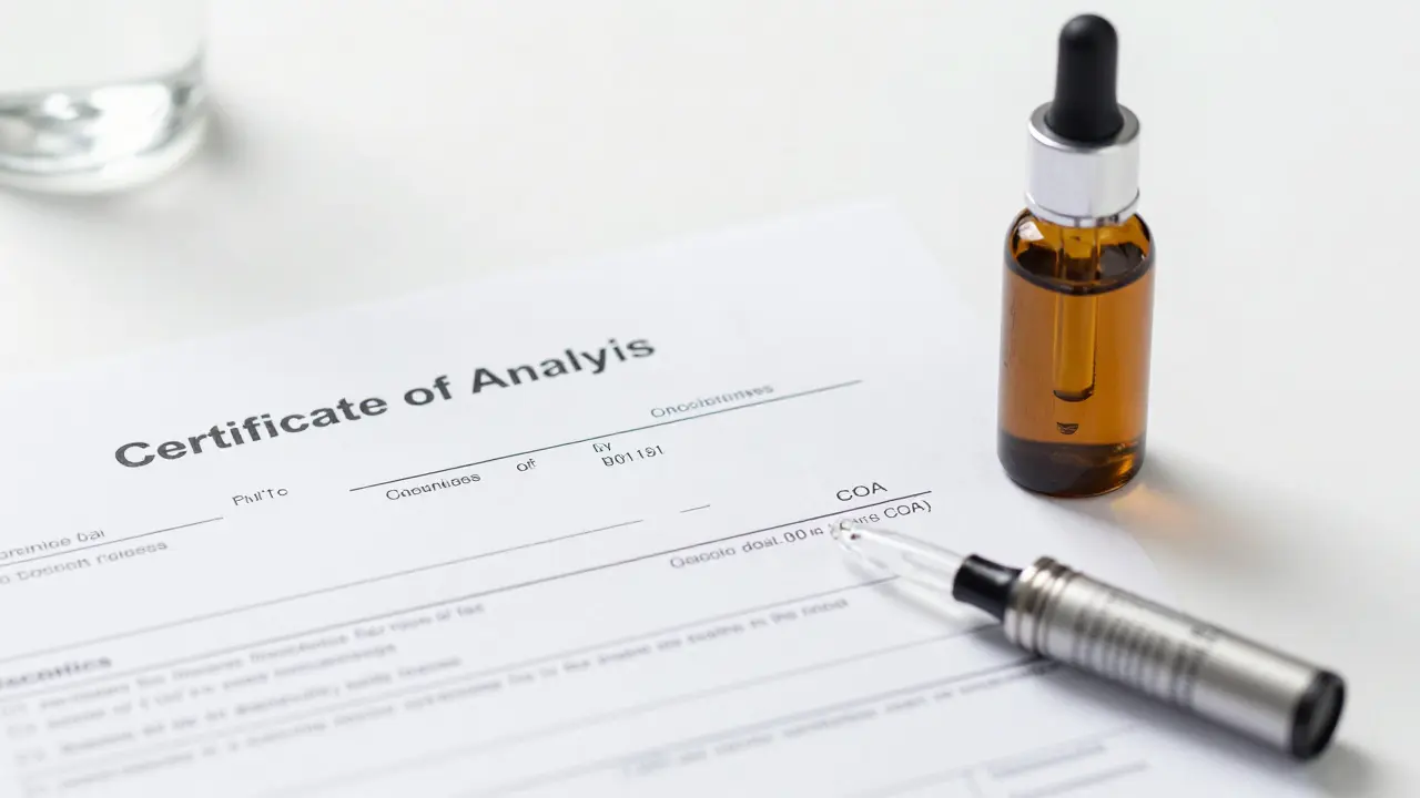 Laboratorní certifikát COA vedle lahvičky s olejem a CBD картuší pro ověření čistoty.