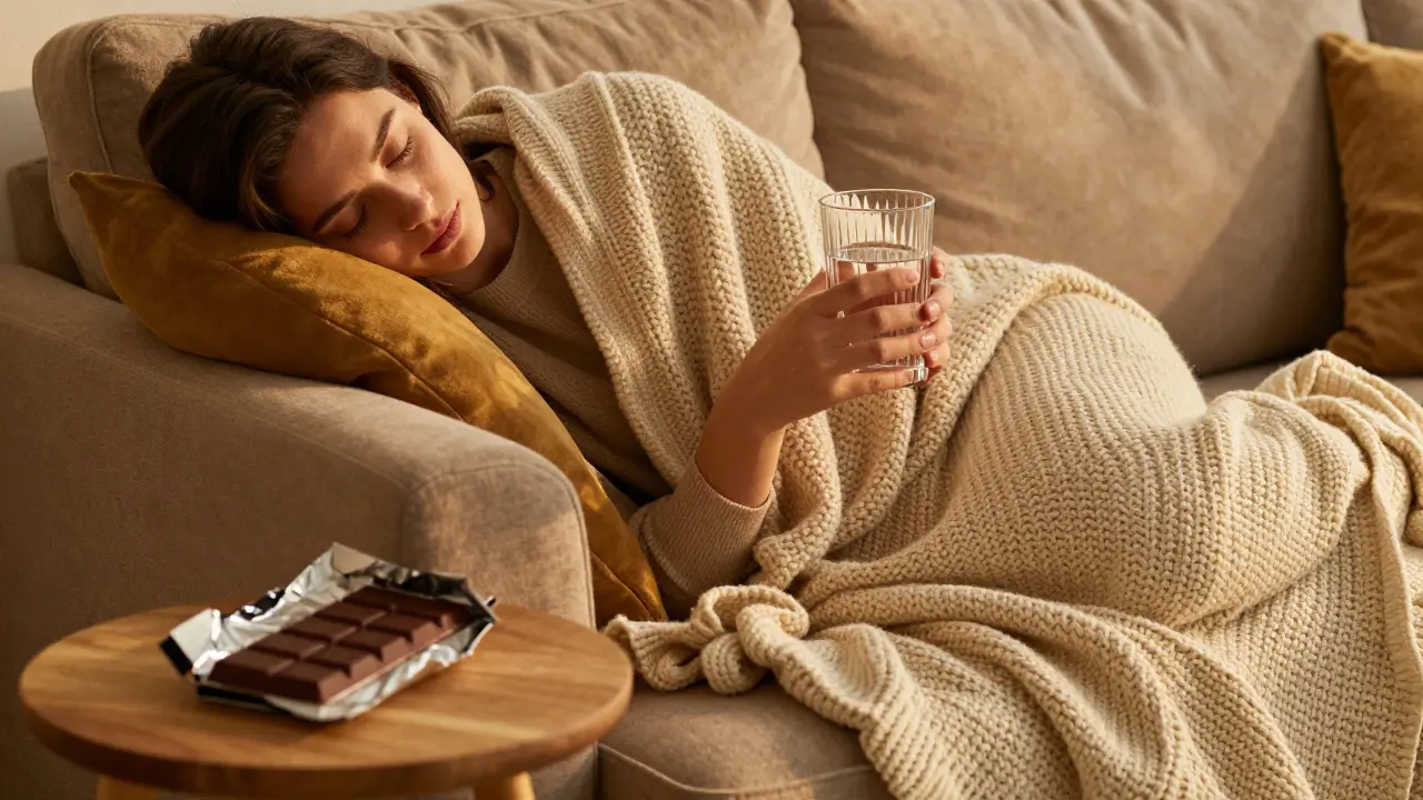 Osoba relaxující na pohlaví s přikrívkou a sklenicí vody.