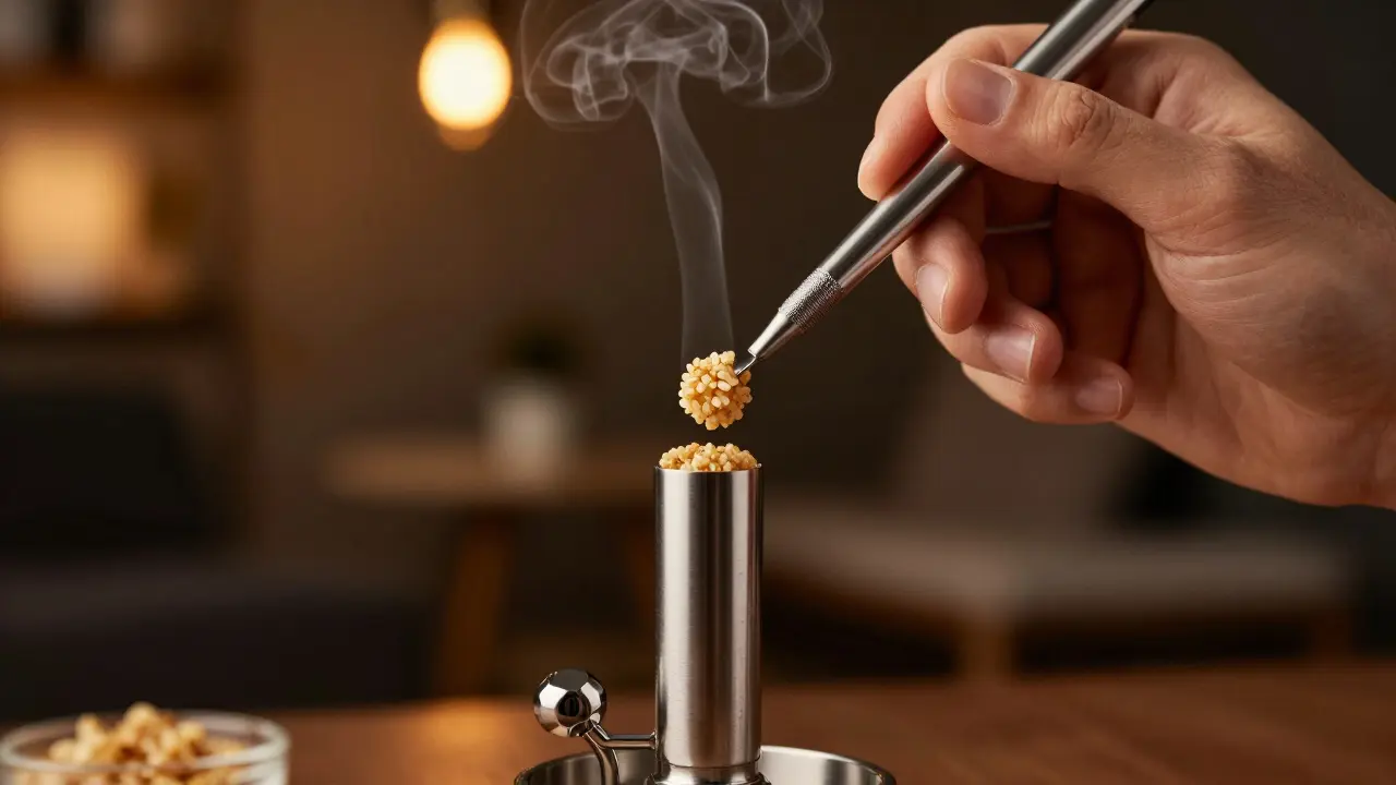 Proces dabbing s malým kouskem CBD crumble na nahřátém hřebíku