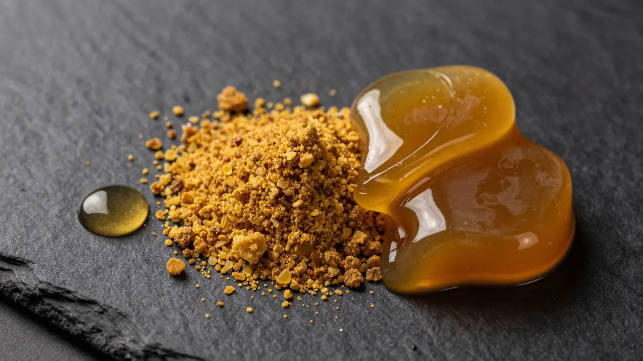 Srovnání textur CBD crumble, distilátu a waxu na tmavém pozadí