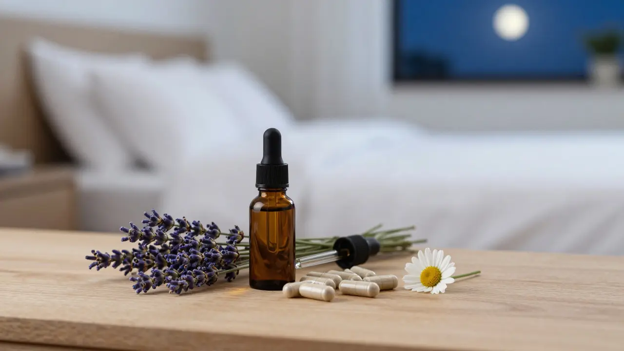 CBD kapsle a levandule vedle postele pro večerní rituál
