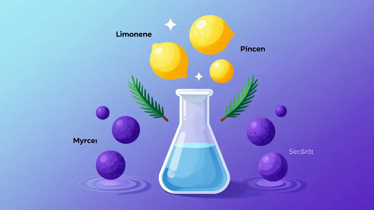 Ilustrace účinků terpenů: limonen pro energii a myrcen pro relaxaci.