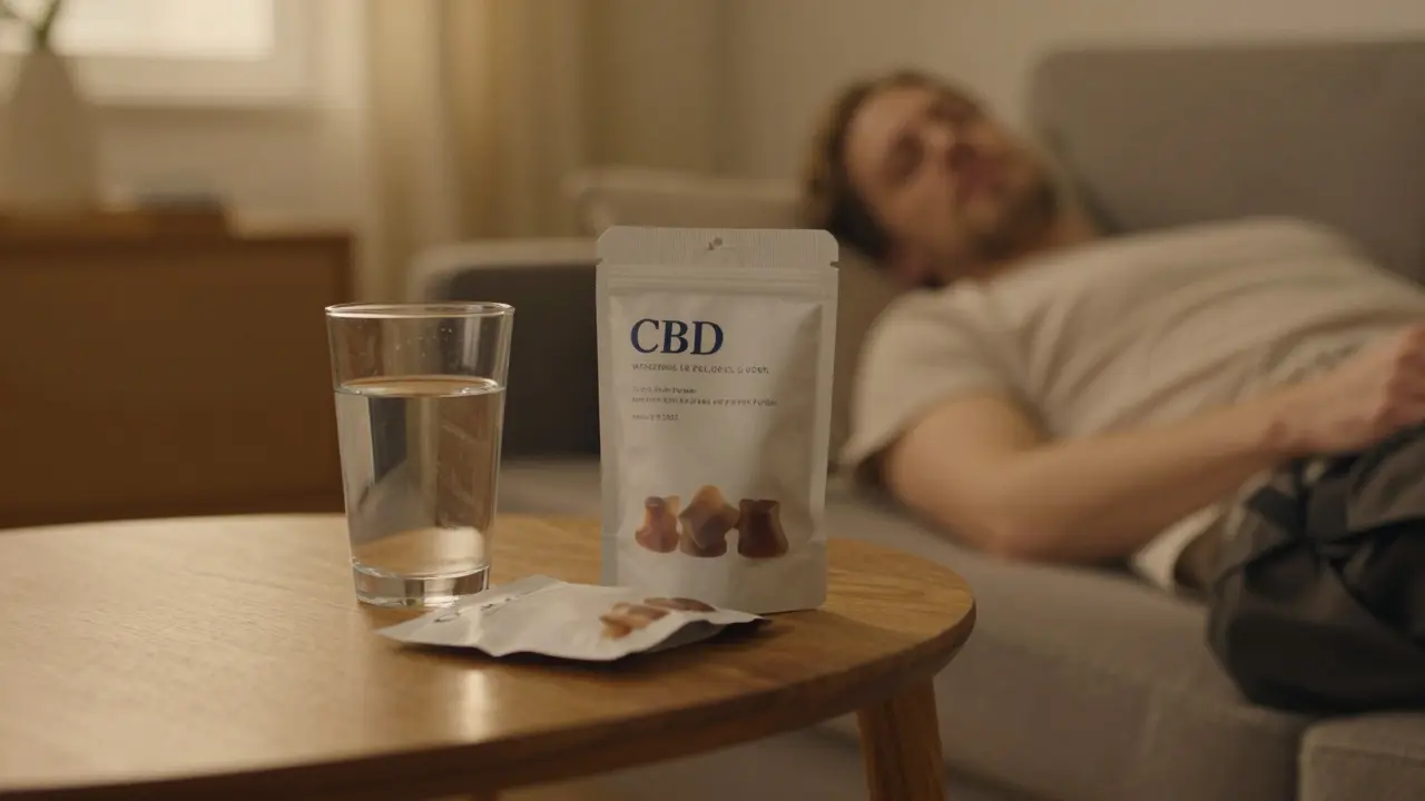 Klidná večerní scéna s CBD žvýkačkami a sklenicí vody pro relaxaci.