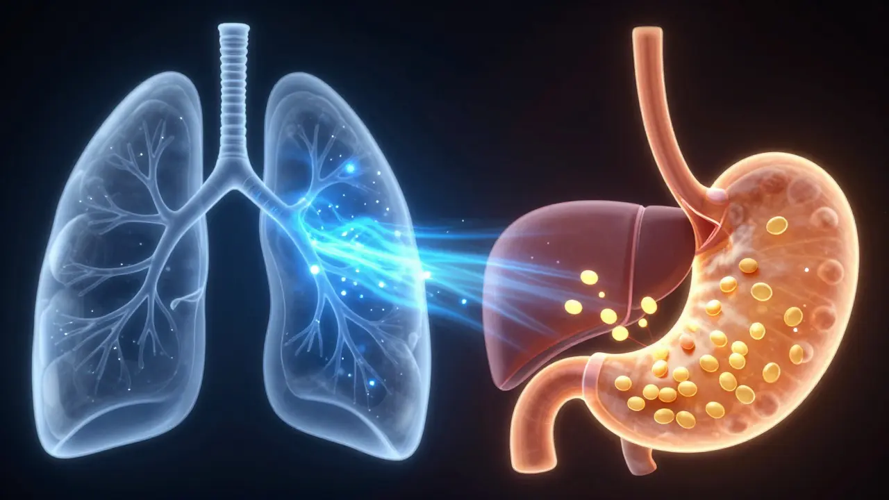 Konceptuální ilustrace rychlé inhalace versus pomalé trávení CBD