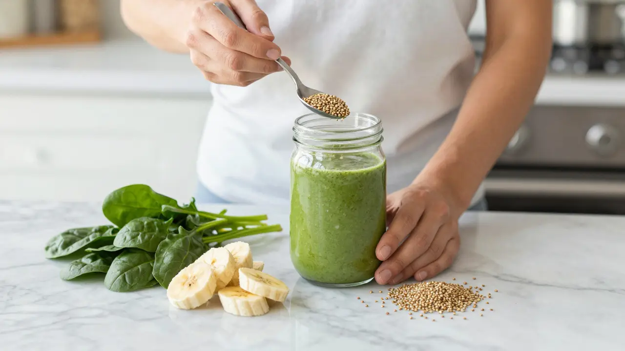 Příprava zeleného smoothie s konopným semínkem po cvičení v kuchyni.