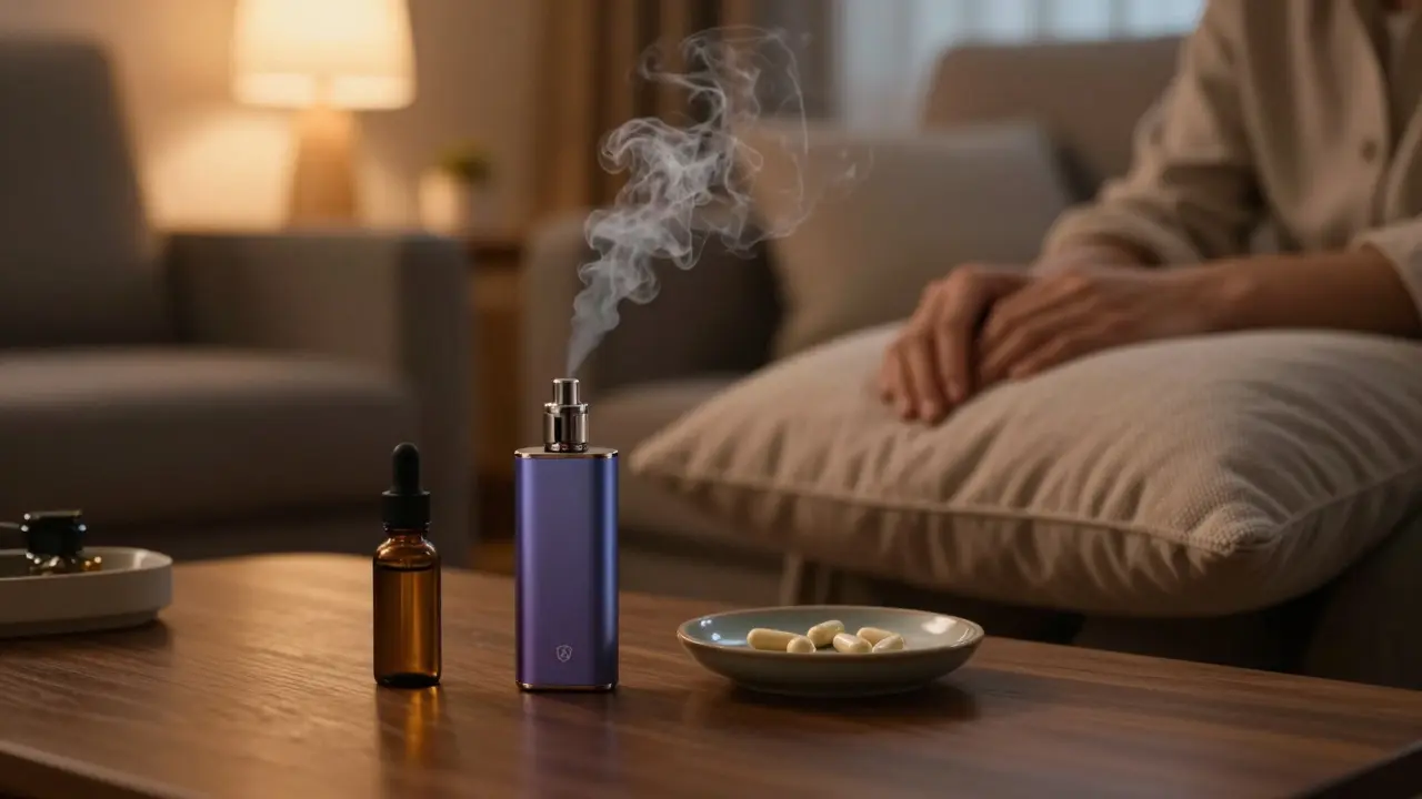 Relaxující prostředí s vape zařízením a kapslemi CBD