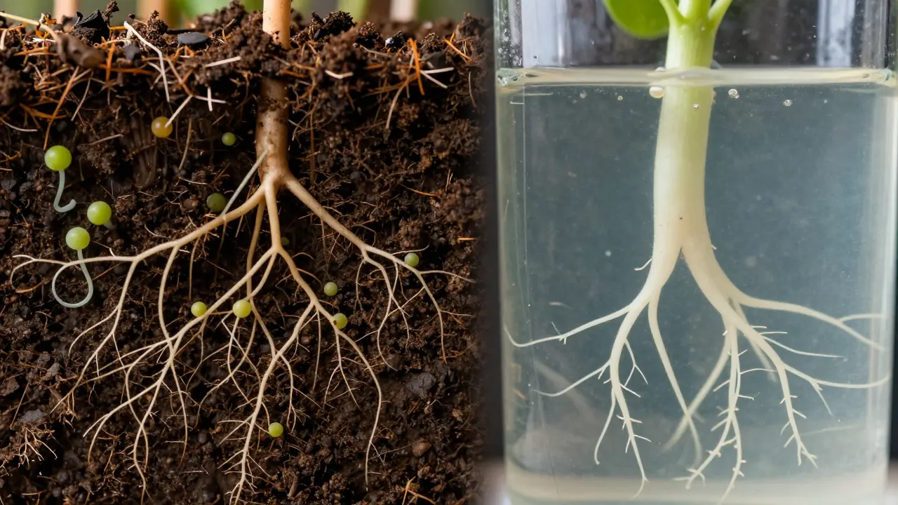 Srovnání organické půdy a hydroponického pěstování kořenů.