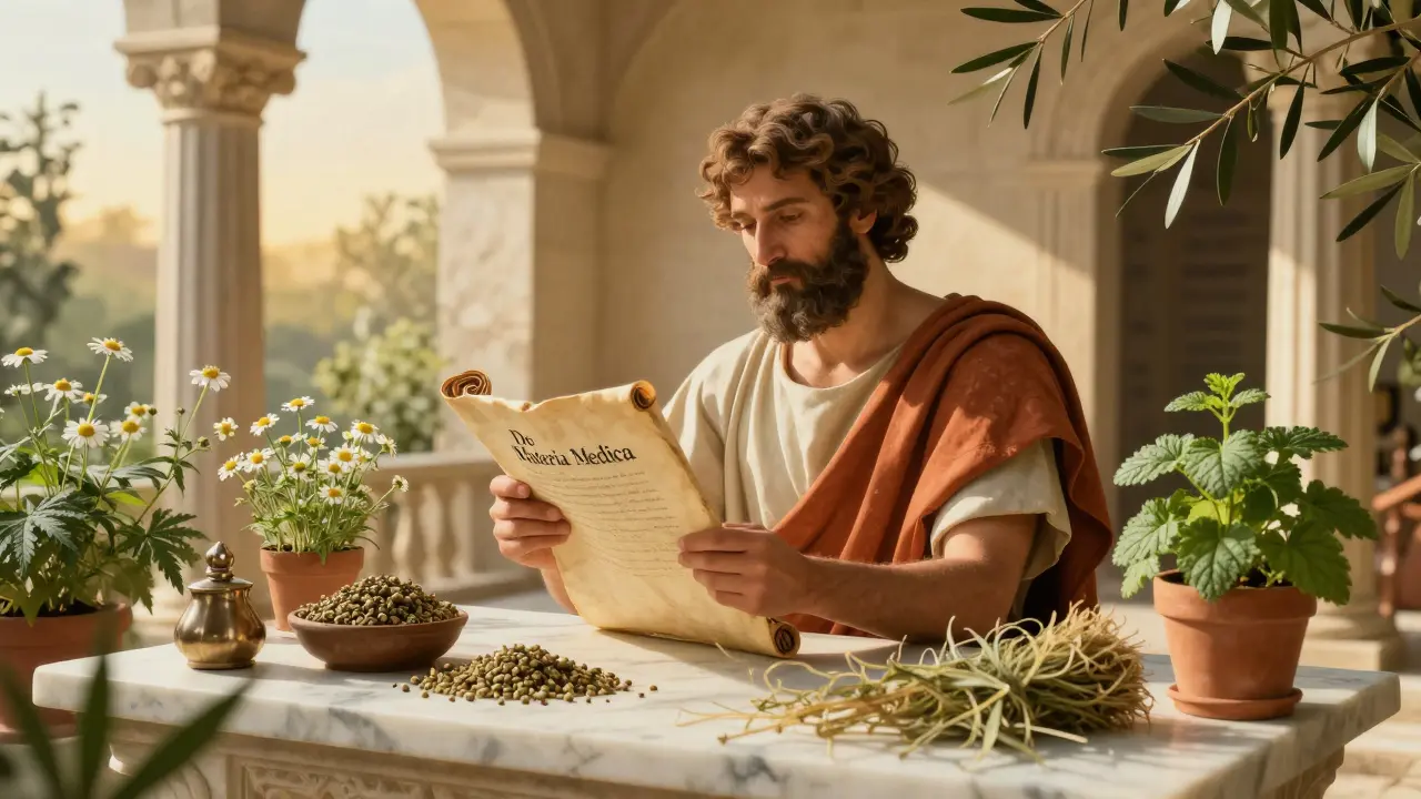 Starořecký lékař Dioskurides zkoumá konopí a bylinky v historickém prostředí