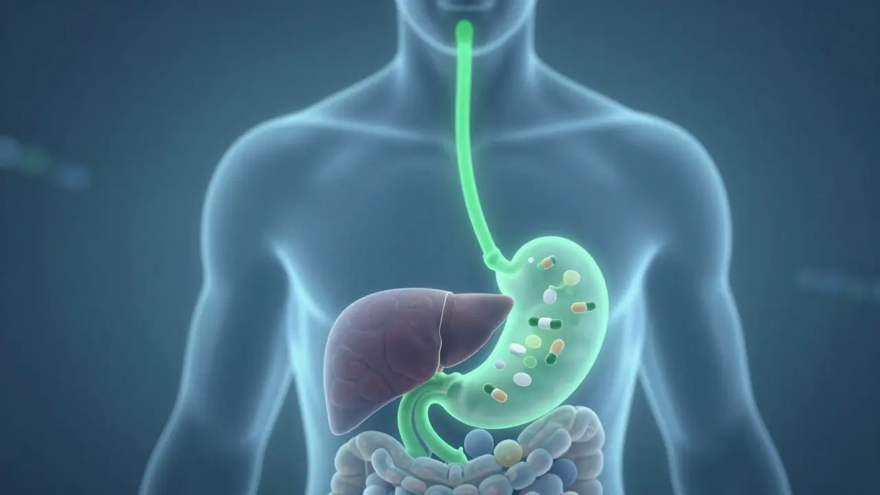 Abstraktní ilustrace trávicího procesu a biologické dostupnosti CBD