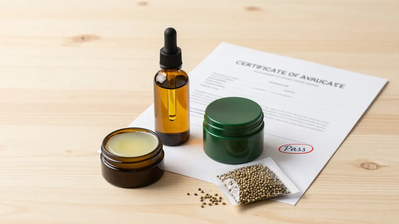 Kvalitní CBD produkty s certifikátem analýzy na dřevěném stole