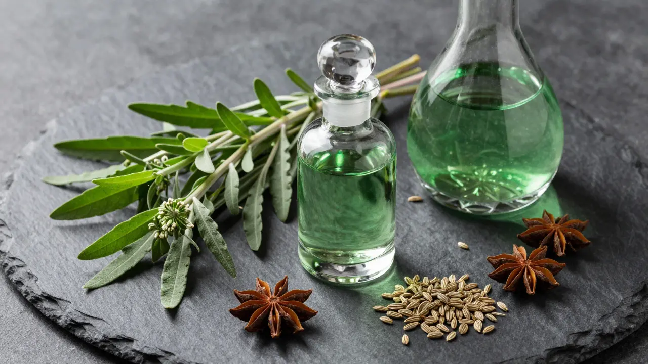 Čerstvé bylinky a destilérka s absintem na tmavém podkladu