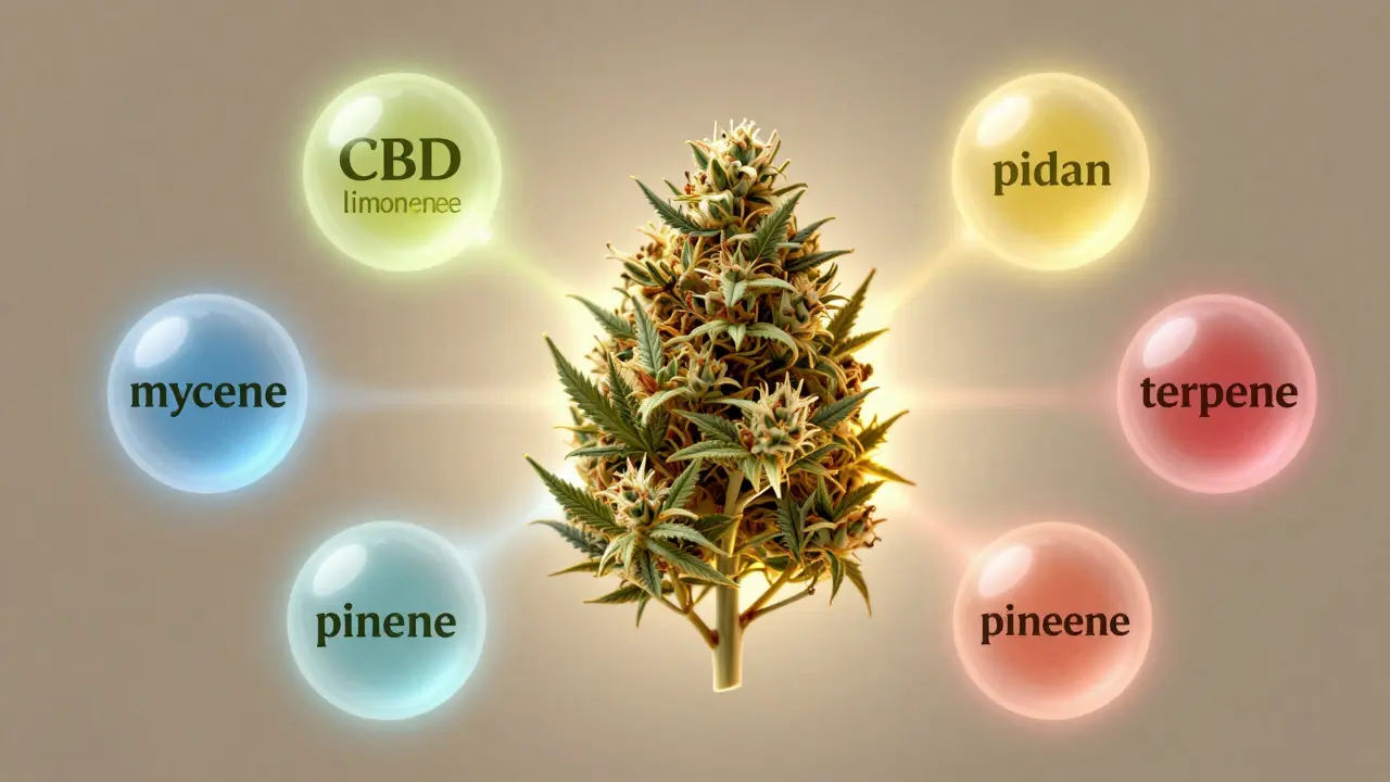 Ilustrace entourage efektu: interakce CBD a terpenů
