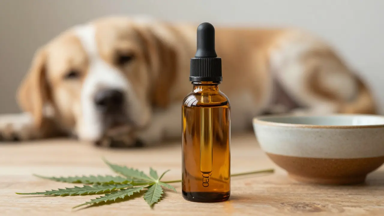 Lahev s CBD olejem pro psy a sušené konopné listy