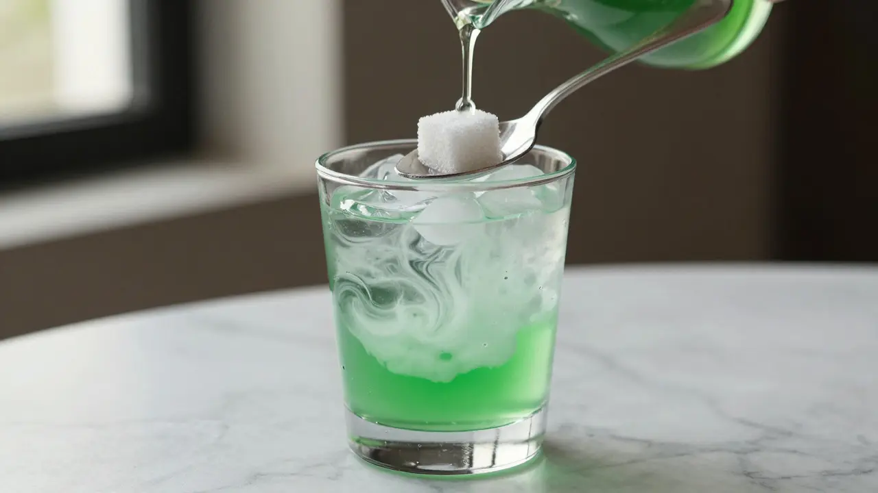Vytváření louche efektu kapáním vody do sklenice s absintem