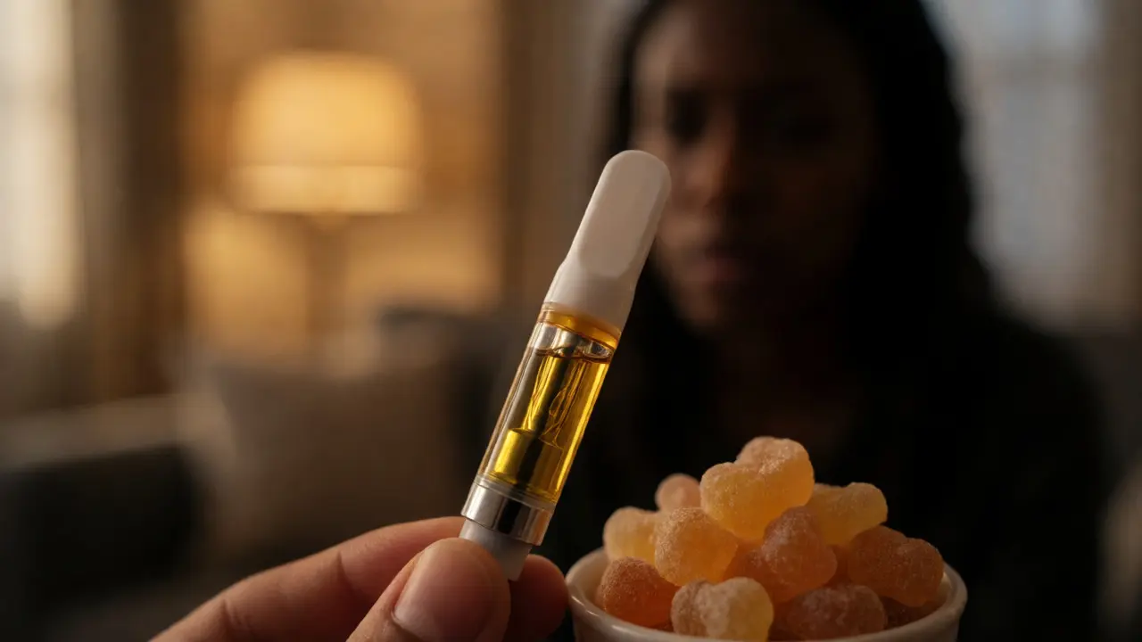 Detailní záběr na delta-8 vape a gumové medvídky v domácnosti.