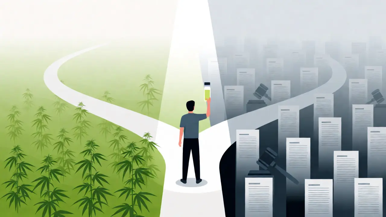 Ilustrace postavy na křižovatce mezi přírodou a právními překážkami delta-8.