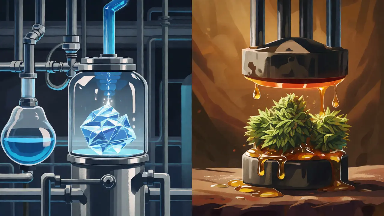 Ilustrace rozdílu mezi chemickou extrakcí shatteru a lisováním rosinu tlakem a teplem