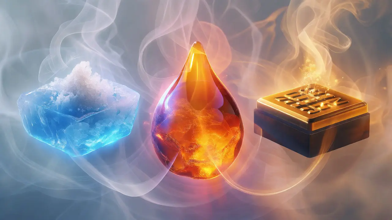 Konceptuální ilustrace tří typů CBD haše (Ice Water, Live Resin, Rosin) propojených kouřem.