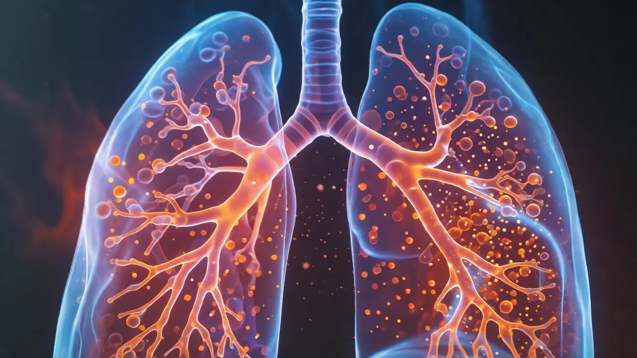 Konceptuální vizualizace plic s vdechnutými částicemi CBD aerosolu osvětlenými modrým a oranžovým světlem.