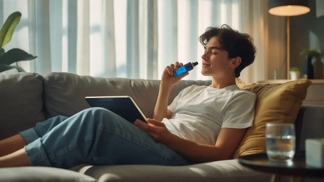 Osoba relaxující na gauči s vape zařízením