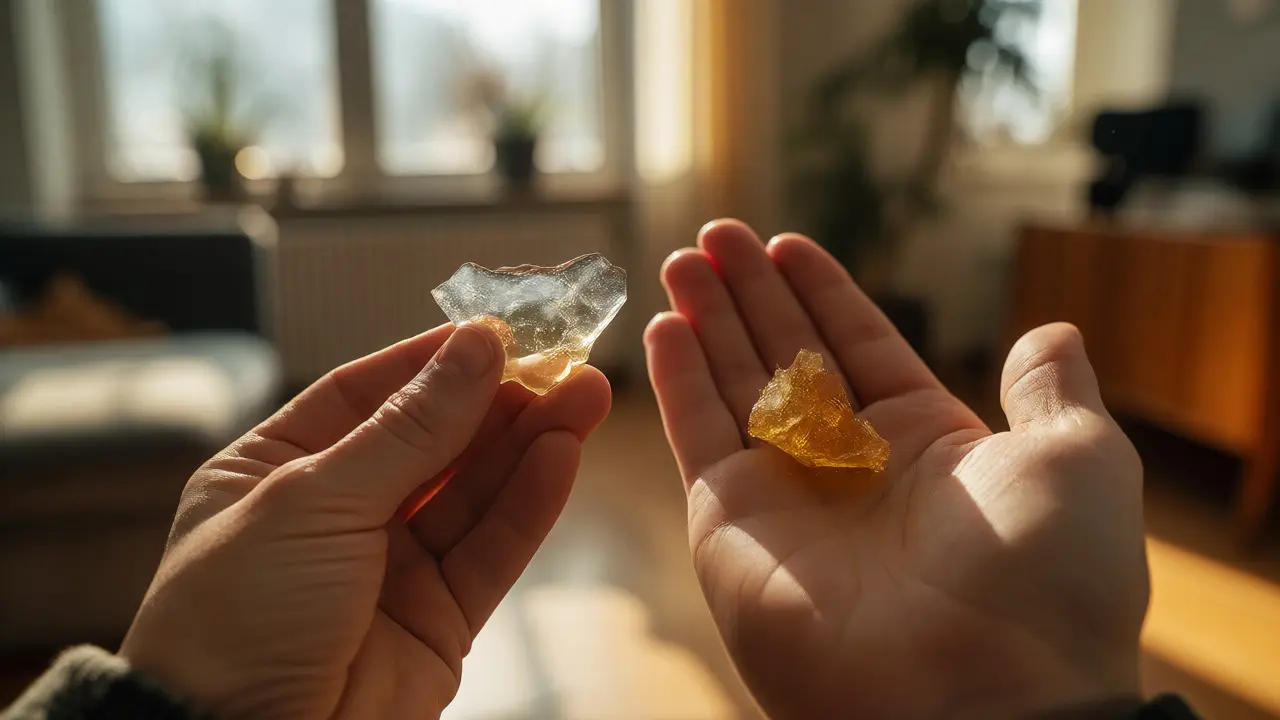 Ruce držící křehký kus CBD shatteru a měkký kousek CBD rosinu