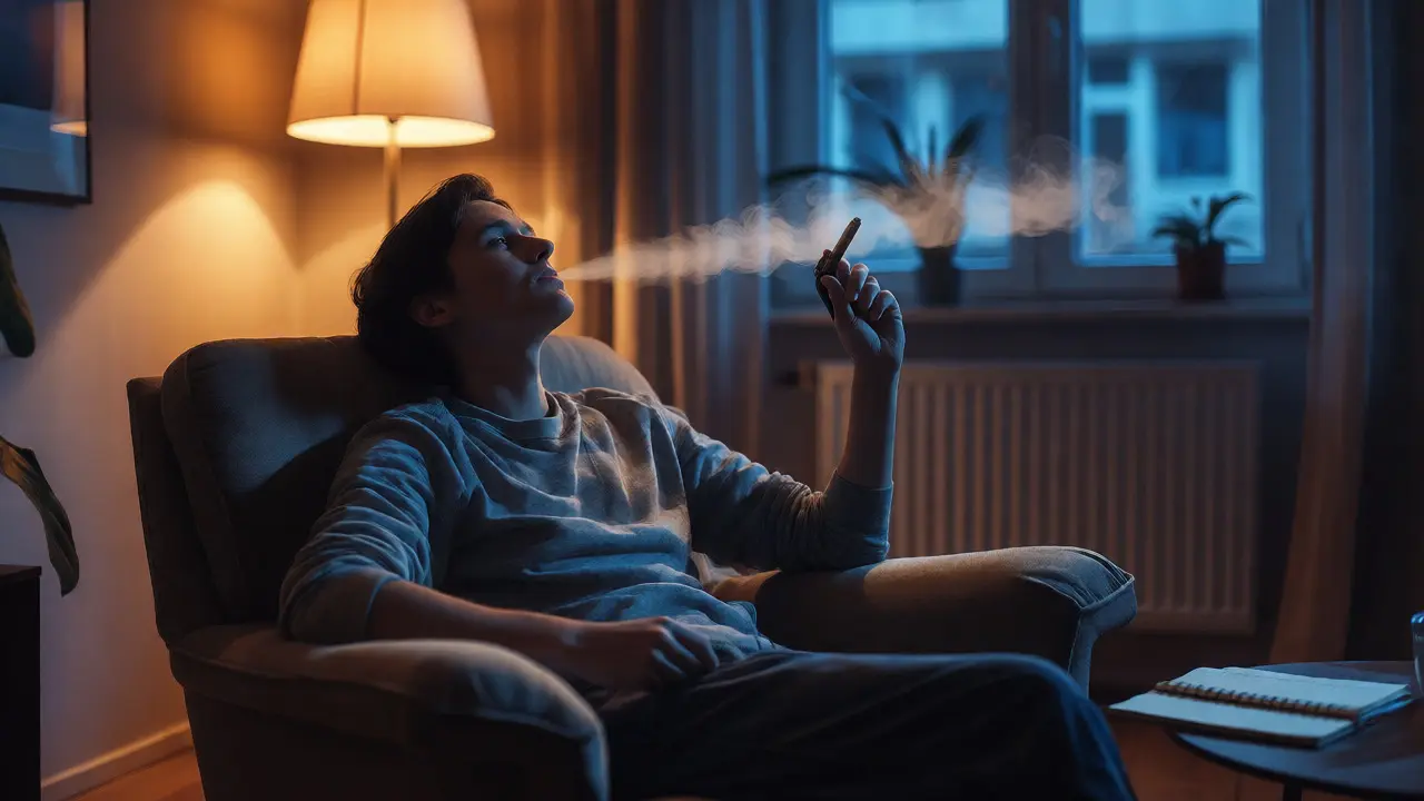Uvolněná osoba vapující H4CBD v pohodlném křesle s klidným výrazem
